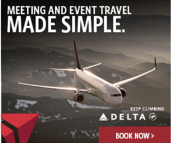 Airplane flying over mountains with the text "Meeting and Event Travel Made Simple" and "Delta" logo on a banner. A red button reads "Book Now.